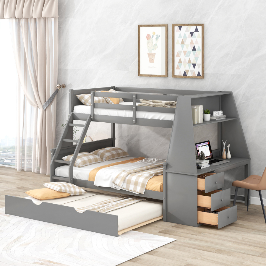 High-quality materials Twin over Full Bunk Bed Three Storage Drawers and Shelf