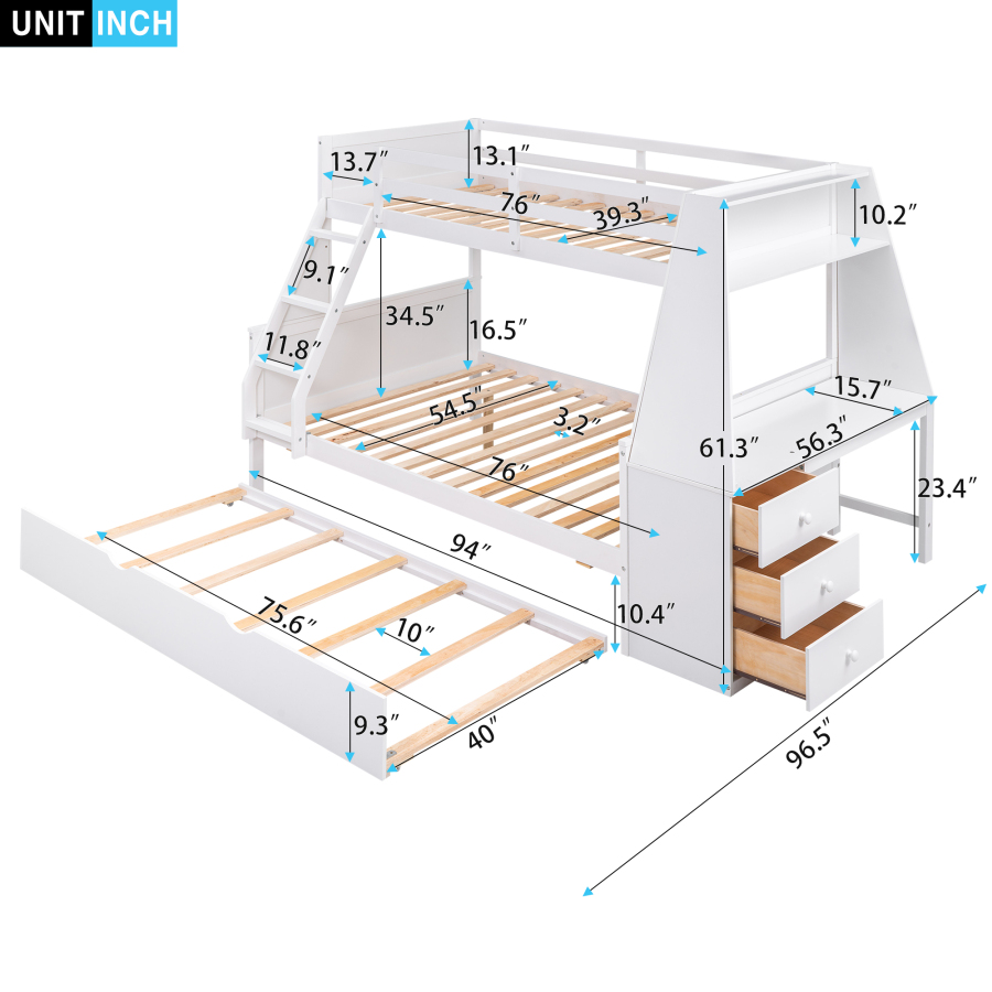 High-quality materials Twin over Full Bunk Bed Three Storage Drawers and Shelf