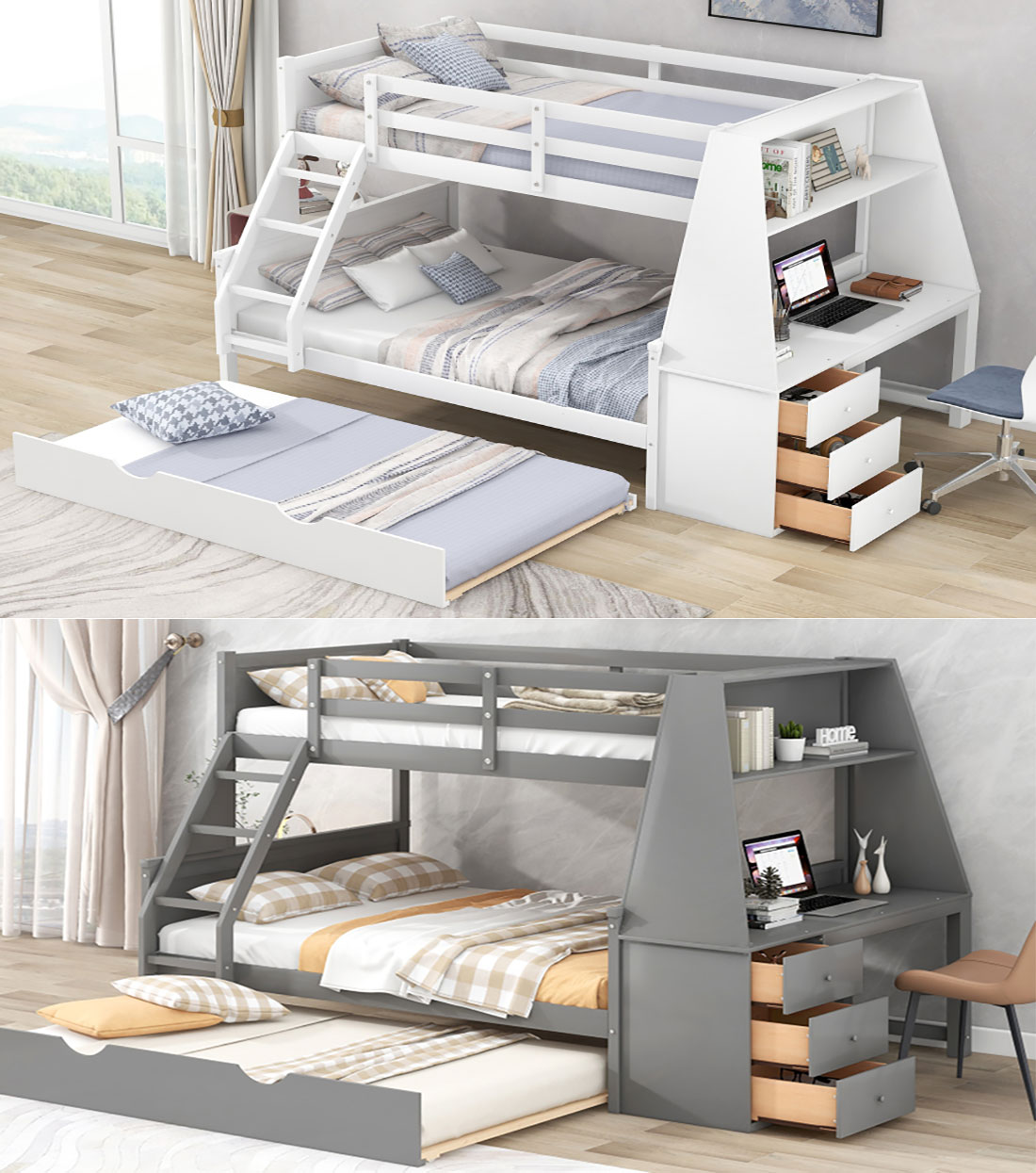 High-quality materials Twin over Full Bunk Bed Three Storage Drawers and Shelf