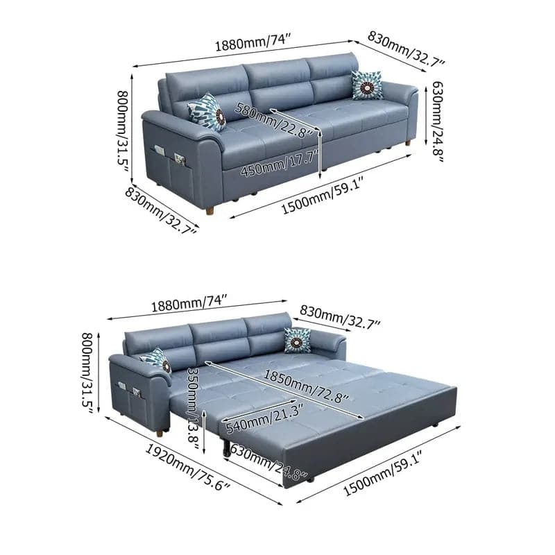 74″ Blue Full Sleeper Convertible Sofa with Storage & Pockets Sofa Bed
