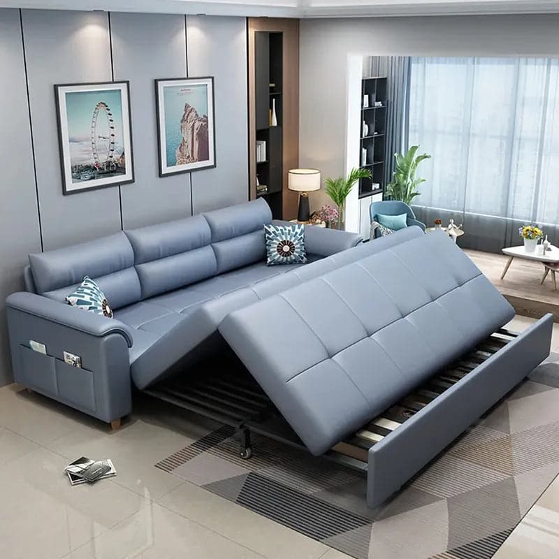 74″ Blue Full Sleeper Convertible Sofa with Storage & Pockets Sofa Bed