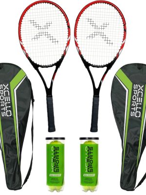 Xcello Sports 2-Player Aluminum Tennis Racket Set for Adult - Includes Two 27" Tennis Rackets, Six All Court Balls, and Two Carry Cases - ‎Red/Black