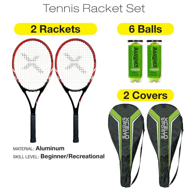 Xcello Sports 2-Player Aluminum Tennis Racket Set for Adult - Includes Two 27" Tennis Rackets, Six All Court Balls, and Two Carry Cases - ‎Red/Black
