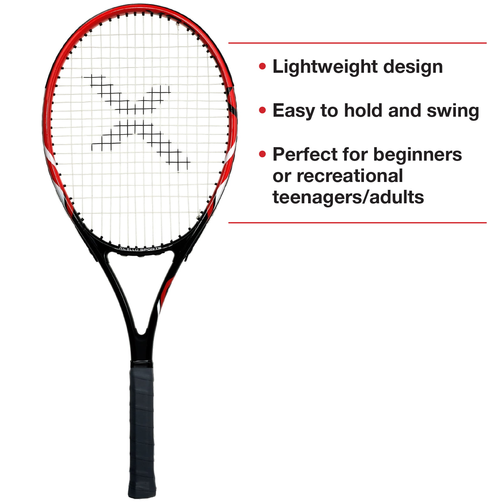 Xcello Sports 2-Player Aluminum Tennis Racket Set for Adult - Includes Two 27" Tennis Rackets, Six All Court Balls, and Two Carry Cases - ‎Red/Black