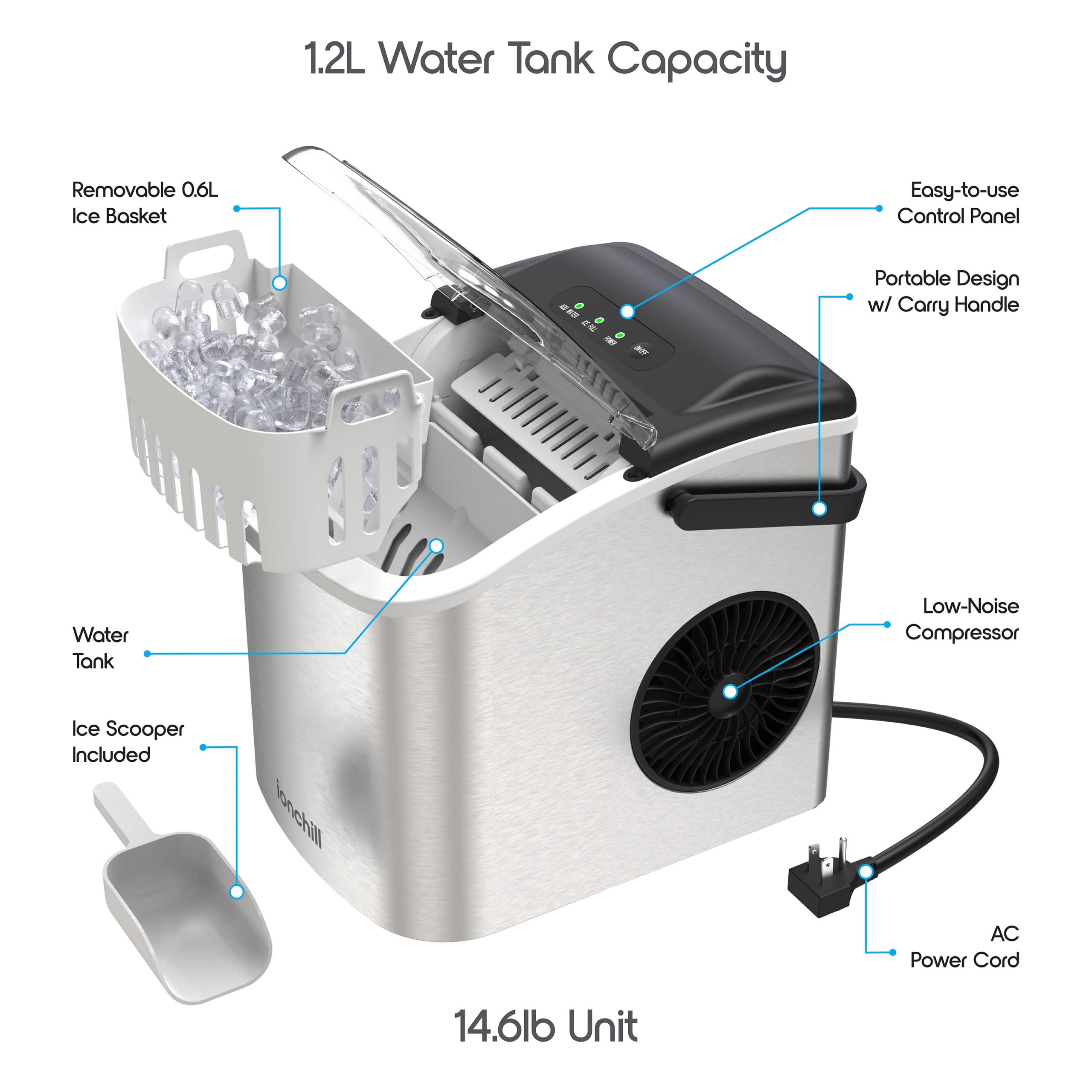 Ionchill Quick Cube Ice Machine, 26lbs/24hrs Portable Countertop Bullet Cubed Ice Maker