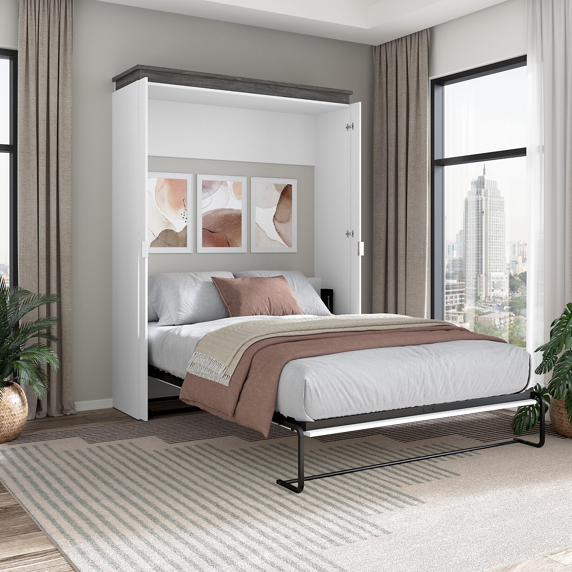 White and Walnut Grey-02 Bestar Orion Queen Murphy Bed, Sleeping Arrangement for Multipurpose Room
