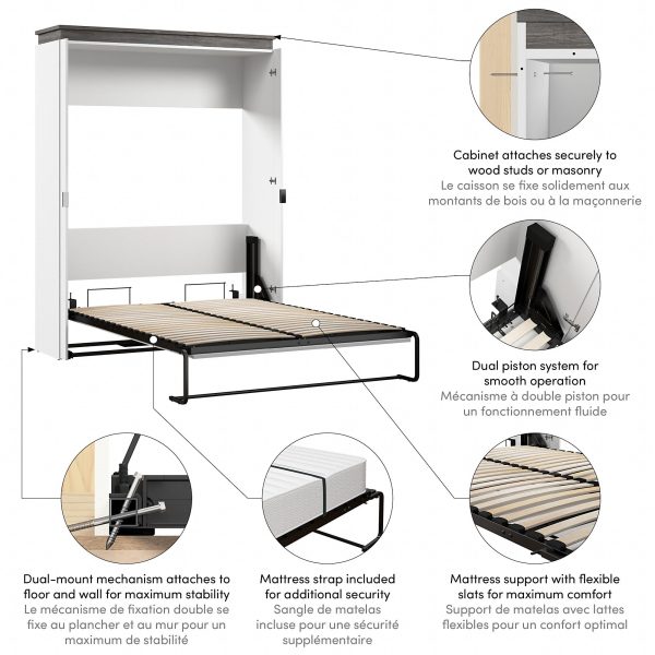 White and Walnut Grey-04 Bestar Orion Queen Murphy Bed, Sleeping Arrangement for Multipurpose Room