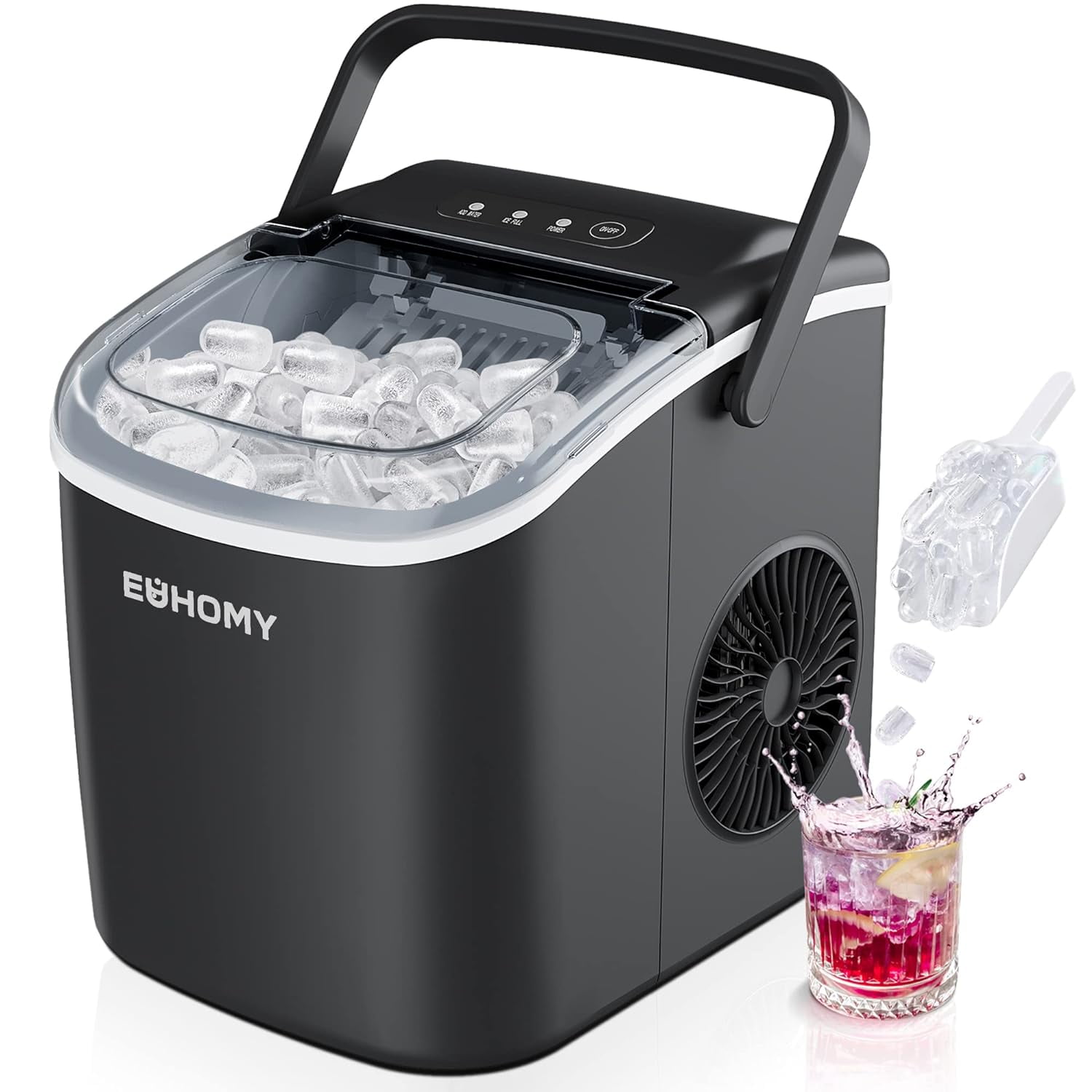 EUHOMY Countertop Ice Maker Machine with Handle, 26lbs in 24Hrs, 9 Ice Cubes Ready in 6 Mins, Auto-Cleaning Portable Ice Maker with Basket and Scoop, for Home/Kitchen/Camping/RV.