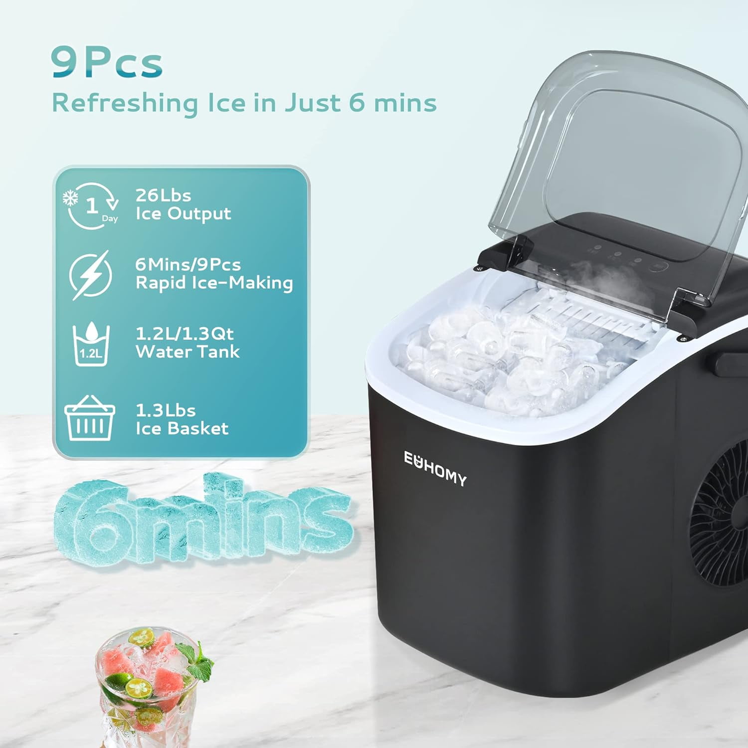 EUHOMY Countertop Ice Maker Machine with Handle, 26lbs in 24Hrs, 9 Ice Cubes Ready in 6 Mins, Auto-Cleaning Portable Ice Maker with Basket and Scoop, for Home/Kitchen/Camping/RV.