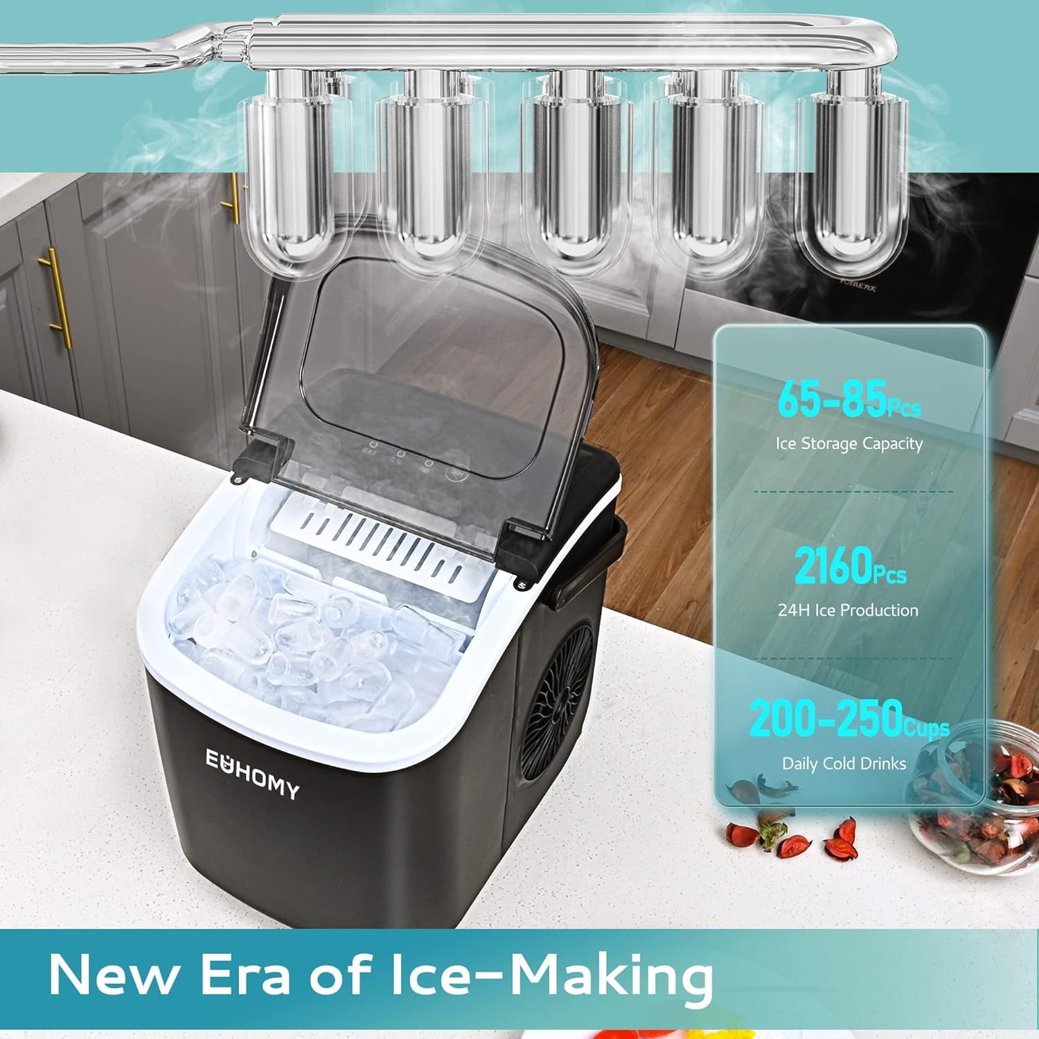 EUHOMY Countertop Ice Maker Machine with Handle, 26lbs in 24Hrs, 9 Ice Cubes Ready in 6 Mins, Auto-Cleaning Portable Ice Maker with Basket and Scoop, for Home/Kitchen/Camping/RV.