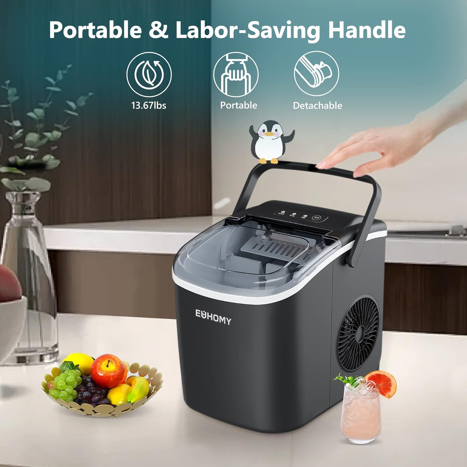 EUHOMY Countertop Ice Maker Machine with Handle, 26lbs in 24Hrs, 9 Ice Cubes Ready in 6 Mins, Auto-Cleaning Portable Ice Maker with Basket and Scoop, for Home/Kitchen/Camping/RV.