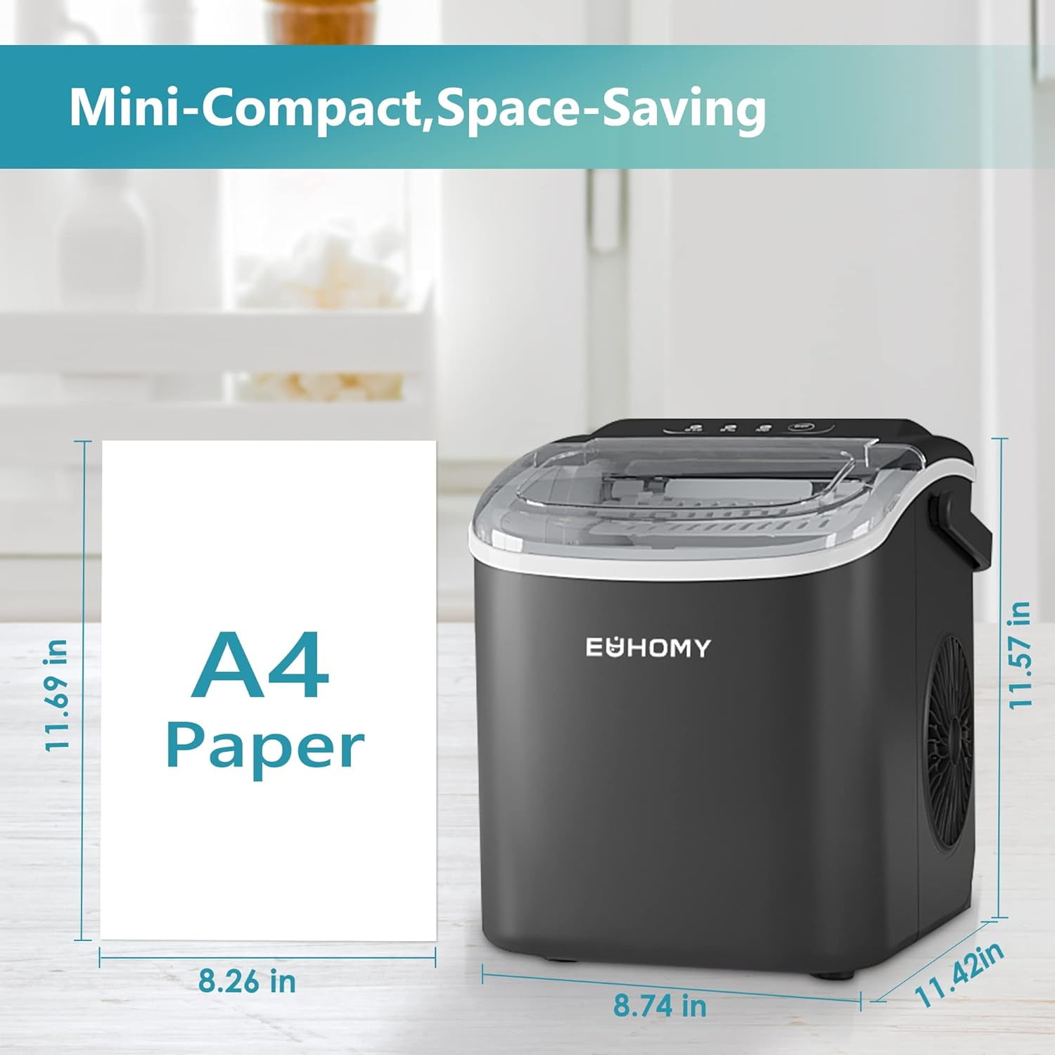EUHOMY Countertop Ice Maker Machine with Handle, 26lbs in 24Hrs, 9 Ice Cubes Ready in 6 Mins, Auto-Cleaning Portable Ice Maker with Basket and Scoop, for Home/Kitchen/Camping/RV.