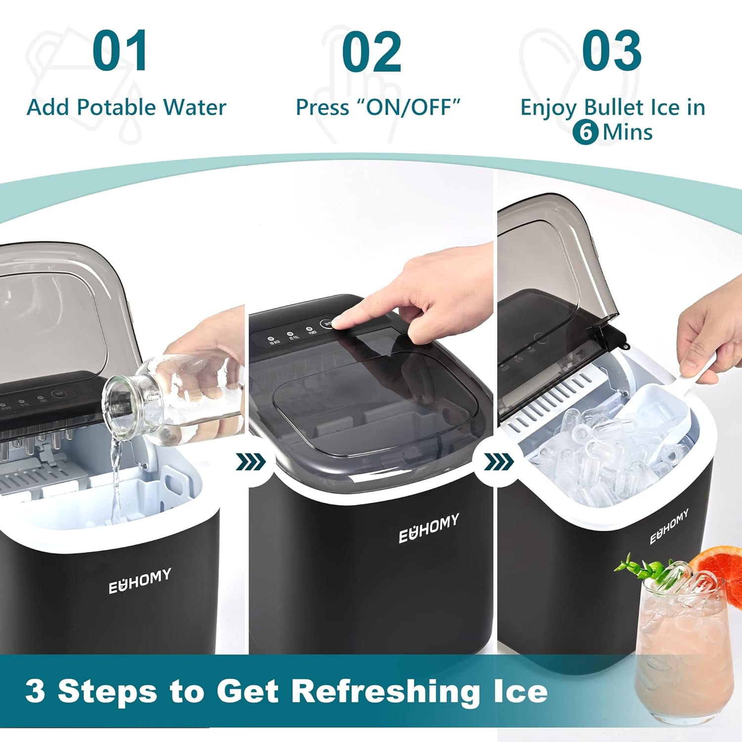 EUHOMY Countertop Ice Maker Machine with Handle, 26lbs in 24Hrs, 9 Ice Cubes Ready in 6 Mins, Auto-Cleaning Portable Ice Maker with Basket and Scoop, for Home/Kitchen/Camping/RV.