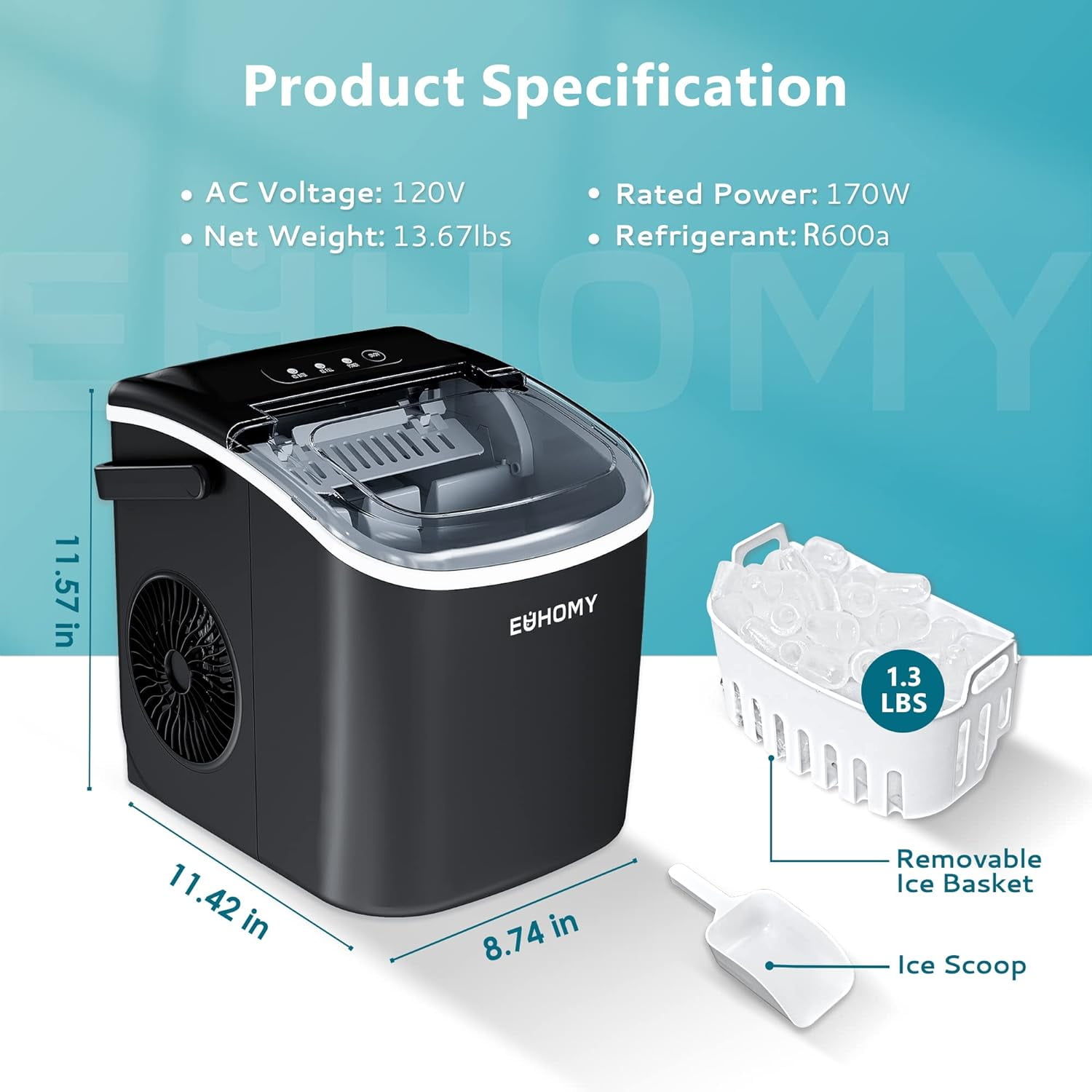 EUHOMY Countertop Ice Maker Machine with Handle, 26lbs in 24Hrs, 9 Ice Cubes Ready in 6 Mins, Auto-Cleaning Portable Ice Maker with Basket and Scoop, for Home/Kitchen/Camping/RV.