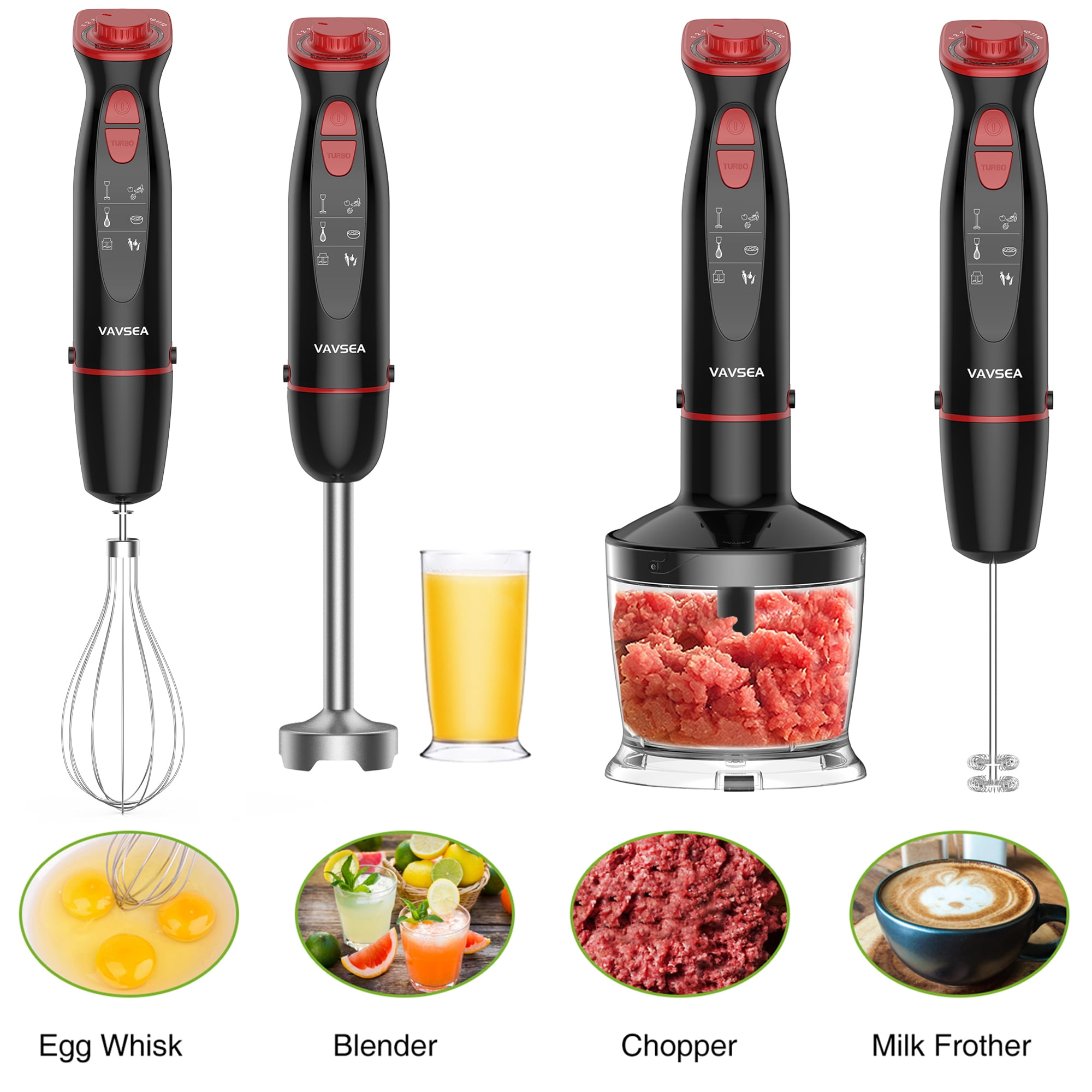 VAVSEA Immersion Hand Blender, 12-Speed Multi-Function Handheld Stick Blender with Stainless Steel Blades, Chopper, Beaker, 600ml, Whisk and Milk Frother for Baby Food/Smoothies/Puree, BPA Free