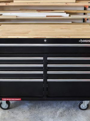 46 in. W x 24.5 in. D 9-Drawer Gloss Black Deep Tool Chest Mobile Workbench with Hardwood Top and Power Station